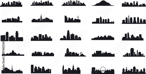 Large collection of global city skyline silhouettes set featuring famous landmarks urban architecture minimal black vector icons isolated background