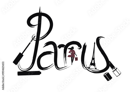 Paris lettering decorated with flowers, women and the Eiffel tower and other architecture sights. Hand drawn vector illustration.