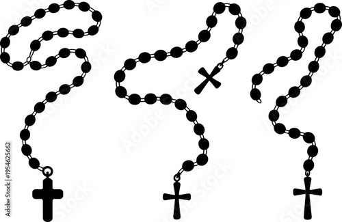 Set of rosary beads silhouettes with Christian cross pendants, religious prayer necklace collection in clean minimal black illustration design style