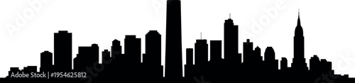New York City skyline silhouette featuring modern Manhattan skyscrapers and iconic towers in clean minimal urban cityscape illustration design style