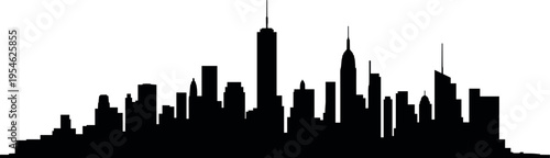 New York City skyline silhouette featuring Empire State Building and Chrysler Building, Manhattan urban cityscape in clean modern illustration design style
