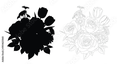 Floral arrangement of roses and tulips in contrasting styles silhouette