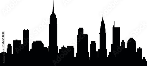 New York City skyline silhouette featuring Empire State Building and Chrysler Building, Manhattan urban architecture in minimal modern illustration design style