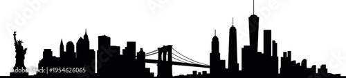 New York City skyline silhouette with Statue of Liberty, Brooklyn Bridge and Manhattan skyscrapers in clean modern urban illustration design style
