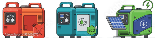Illustration of Portable Eco-Friendly Power Generators, Compact and Efficient Energy Solutions with Solar and Green Power Options