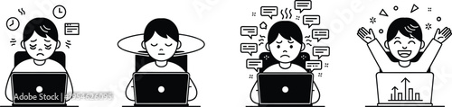 Illustration of a Person Experiencing Different Emotions While Working on a Laptop: Stress, Overload, Frustration, and Success