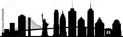 New York City skyline silhouette with Statue of Liberty, bridge and Manhattan skyscrapers in clean modern urban illustration design style