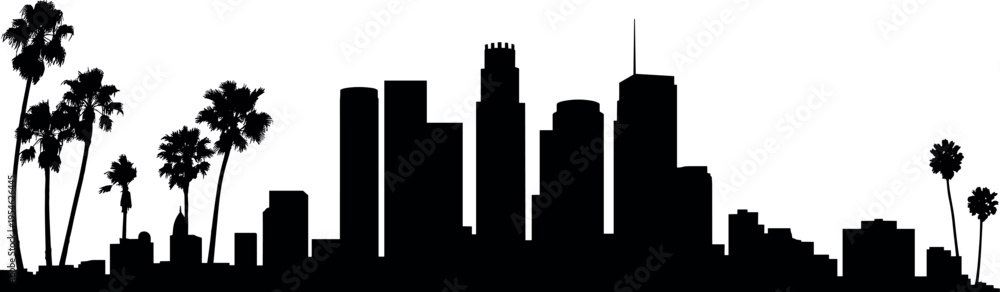 Obraz premium Los Angeles skyline silhouette with downtown skyscrapers and palm trees, California urban cityscape in clean modern panoramic illustration style design