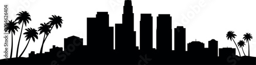 Los Angeles skyline silhouette with downtown skyscrapers and palm trees, California urban cityscape in minimal modern panoramic illustration design