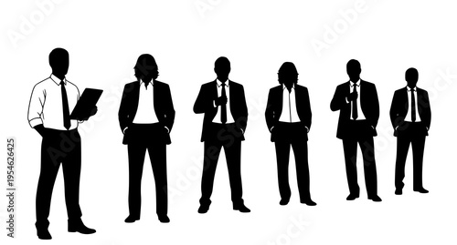 Corporate hierarchy silhouette set of business professionals in suits with dynamic poses and leadership concept