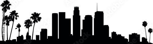 Los Angeles skyline silhouette with downtown skyscrapers and palm trees, California urban cityscape in clean modern panoramic illustration style design