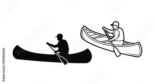 Two canoes with paddlers a detailed black outline silhouette