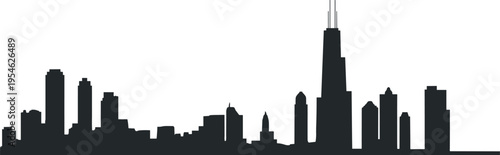 Chicago skyline silhouette featuring Willis Tower and downtown skyscrapers in layered monochrome urban cityscape panoramic illustration design style