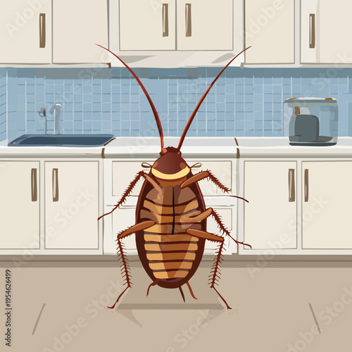 Large cockroach standing in cartoon kitchen interior with cabinets and appliances