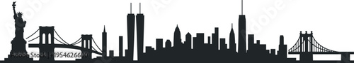 New York City skyline silhouette featuring Statue of Liberty, Brooklyn Bridge, Twin Towers and iconic Manhattan urban architecture panorama illustration