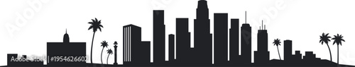 Los Angeles skyline silhouette with downtown skyscrapers, palm trees and urban California cityscape in modern panoramic illustration design style
