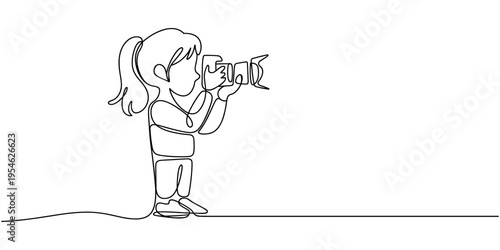 A girl taking photo with her camera. One line continuous. Vector illustration. Photographer with a camera takes pictures outdoors. Continuous line drawing of a black outline of a journalist.