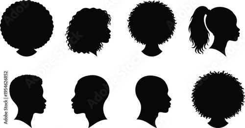 Black silhouettes of diverse male and female profiles with afro hair, curly textures, ponytails, and short haircuts for beauty and identity.