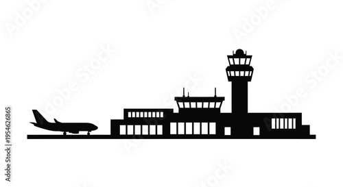 Black silhouette of an airport control tower and airplane