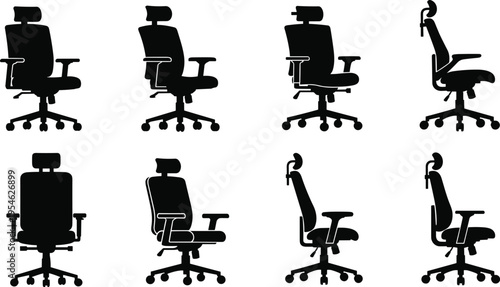 Ergonomic office chair silhouettes with headrest, armrests, and wheeled base, multiple angles front side three quarter views