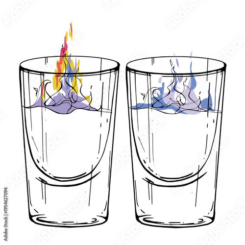 Vector Sambuca shot glowing with abstract flame shape. Fire burning on clear transparent spirits like vodka, gin tonic, tequila. Isolated artwork hand drawn in ink. Nightlife events, mixology themes.