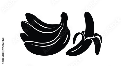 A bunch of bananas and a peeled banana in black silhouette