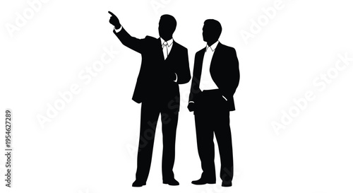 Two businessmen in suits one pointing a striking black silhouette