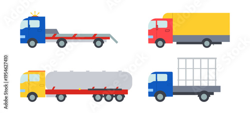Commercial trucks set isolated on white background. Collection of four heavy vehicles: tow truck, delivery van, fuel tanker, and glass carrier. Color icon, vector illustration, flat style.
