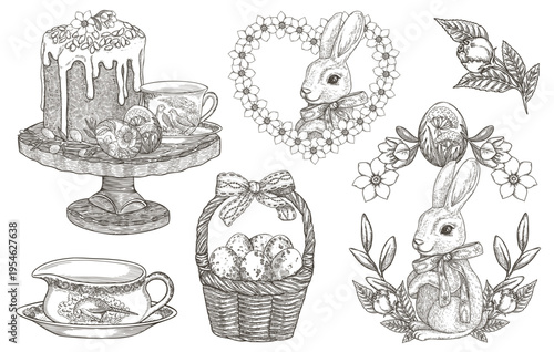 Vector outline set with floral bunny and Easter egg basket. Hand drawn nostalgic vintage illustration with Christian cake on wood tray in black and white. Perfect for traditional spring holiday card.