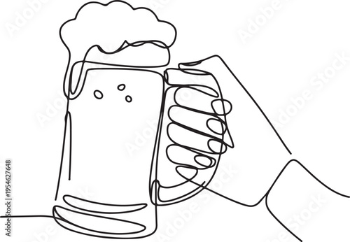 Continuous line drawing of a hand holding a frothy beer mug, celebrating a toast with a refreshing beverage