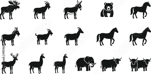 Wild and farm animal silhouette icon set including moose, goat, donkey, bear, horse, deer, llama, elephant and yak black vector collection