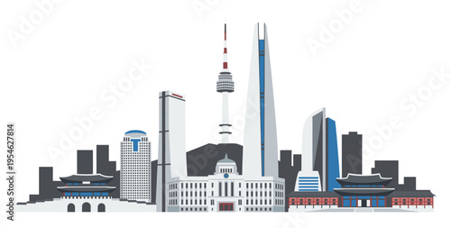 Seoul skyline vector colorful flat illustration. South Korea city panorama featuring Namsan tower, Lotte world, traditional palace gate and modern downtown urban architecture art.