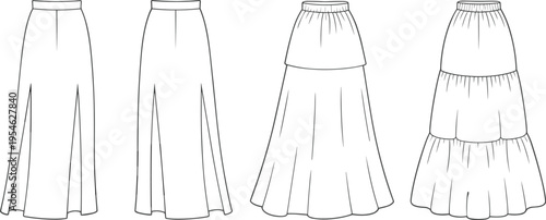 Fashion design sketch of four stylish skirt variations, technical drawing, front and back views, garment construction details