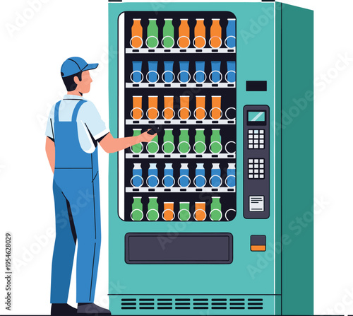 Worker using beverage vending machine selecting drinks from automatic dispenser in public area concept of self service retail technology convenience and modern lifestyle