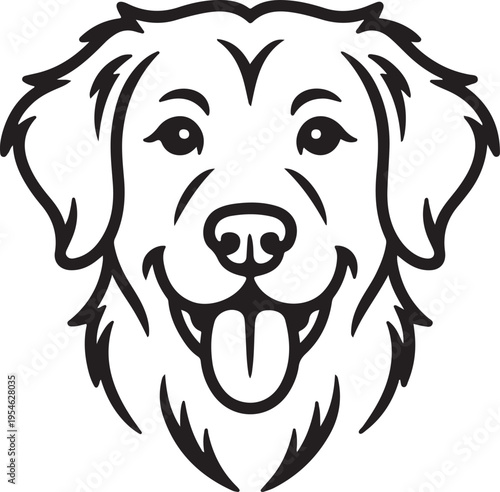 A joyful illustration of a golden retriever's happy face, with its tongue out and a big smile, showcasing a friendly and playful canine companion