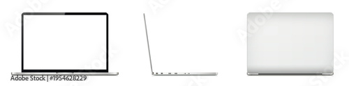 Realistic laptop mockup with blank screen isolated on white background. Laptop computer front, side, and rear view.