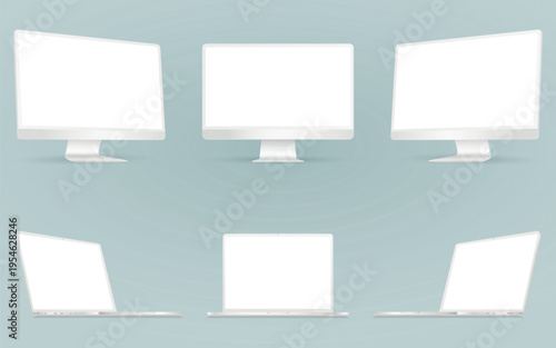 Clean white devices mockup set with blank screen. Computer display and laptop on three sides with white screen.