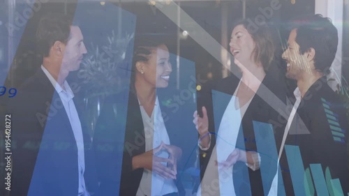 Vertical video: Woman starting talk, causing animated charts over glass, building business rapport