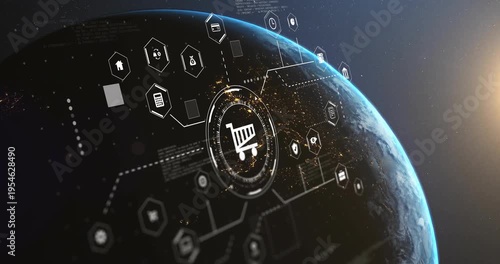 Bright sun rising, circular HUD centering cart icon over planet limb, rotating rings mapping trade