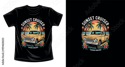 Retro yellow pickup truck on beach at sunset with palm trees and torches vintage style graphic vector art t-shirt design print template