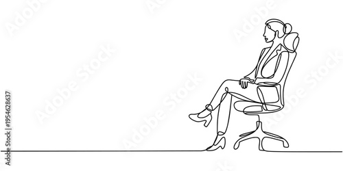 One continuous single drawing line art flat doodle businesswoman, chair, sitting, woman, female, office, professional, business, background. Isolated image hand draw contour on a white background; han