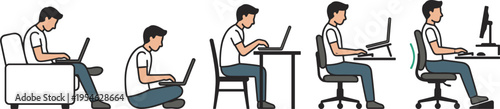 Illustration of a Man Working in Different Sitting Positions with Laptop for Ergonomic, Home Office, and Work Productivity Concepts