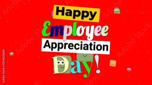 Vibrant collage animation for Employee Appreciation Day featuring playful characters on red.