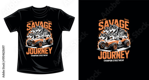 Retro race car with wolf heads savage journey graphic vector art t-shirt design print template champion streetwear