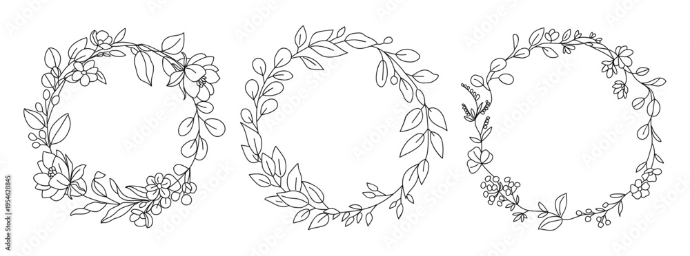 Obraz premium Delicate floral wreaths in black and white line art. Each design features varying leaf patterns and textures. Ideal for vintage or botanical themed projects