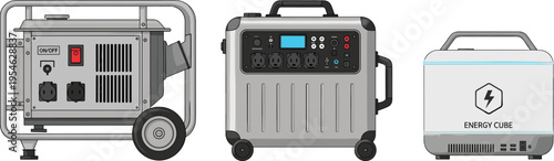 Illustration of Different Portable Power Generators, High-Capacity Energy Storage Solutions for Emergency, Home, and Industrial Use