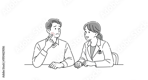Line drawing of a man and woman sitting at a table, man gesturing thoughtfully with his hand.