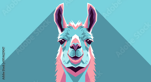 Stylized llama portrait geometric design color illustration