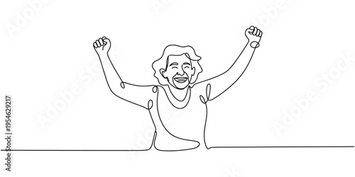 Continuous one line drawing of cheering old woman. Happy elderly lady. Happy grandmother isolated on white background. Minimalism vector illustration hand drawn. Concept of joy at old age