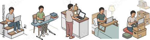 Illustration of Remote Work Setup Ideas, Various Work-from-Home Environments and Creative Workspace Solutions with Laptops
